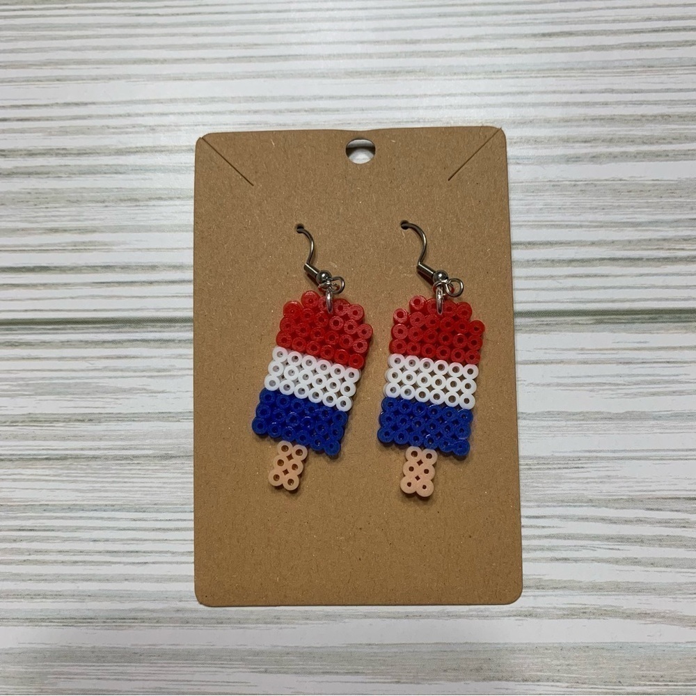 Handmade Pixel Bead Jewelry, 4th of July Popsicle Earrings, Novelty Earrings